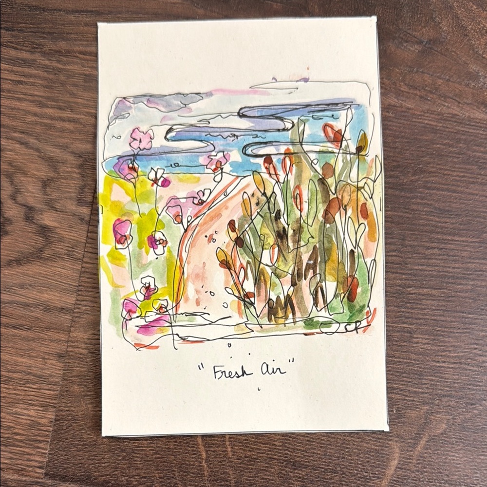 Original Watercolor Paint & Pen Art - Floral Beach Sand Dune Walk - Road Trip